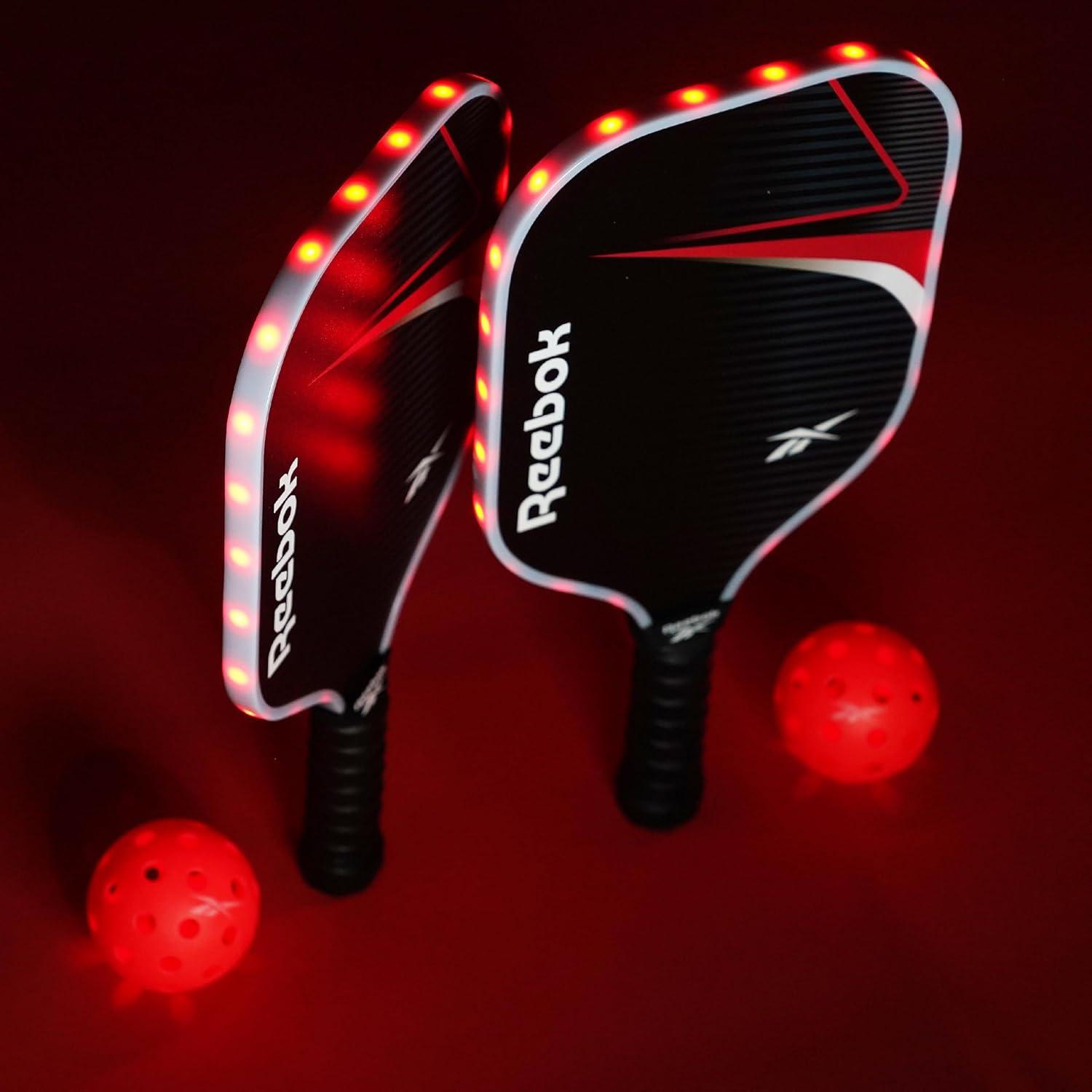 imageReebok  LED Pickleball Set for 2 Includes 2 Fiberglass Paddles with 5quot Cushion Grip and 2 LightUp Balls Perfect for Night Play RedRed