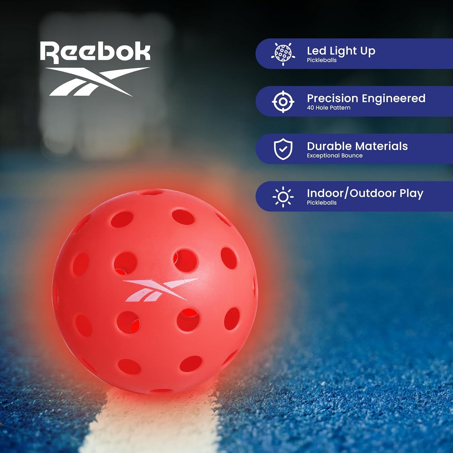 imageReebok  LED Pickleball Set for 2 Includes 2 Fiberglass Paddles with 5quot Cushion Grip and 2 LightUp Balls Perfect for Night Play RedRed