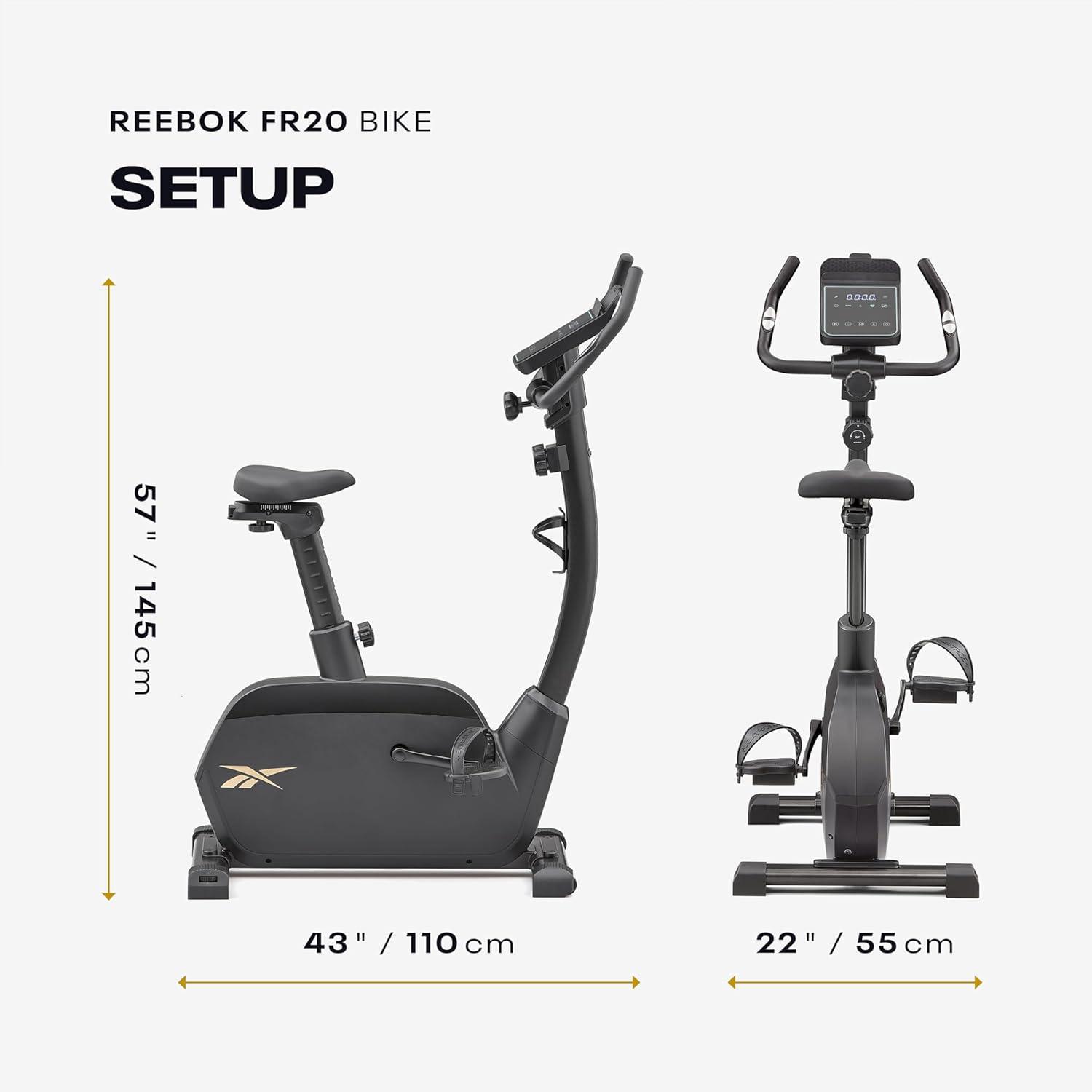 imageReebok Fitness Stationary Bike Bluetooth Compatible Indoor Cycling Bike 24 Resistance Levels 12 Workouts Upright Exercise Bike with Gel Pad SaddleBlackFR20