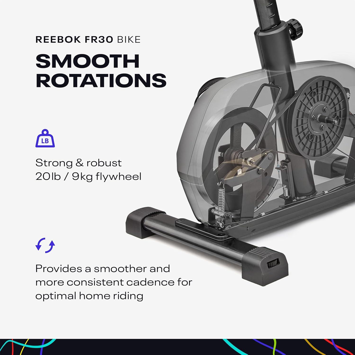 imageReebok Fitness Stationary Bike Bluetooth Compatible Indoor Cycling Bike 24 Resistance Levels 12 Workouts Upright Exercise Bike with Gel Pad SaddleBlackFR30
