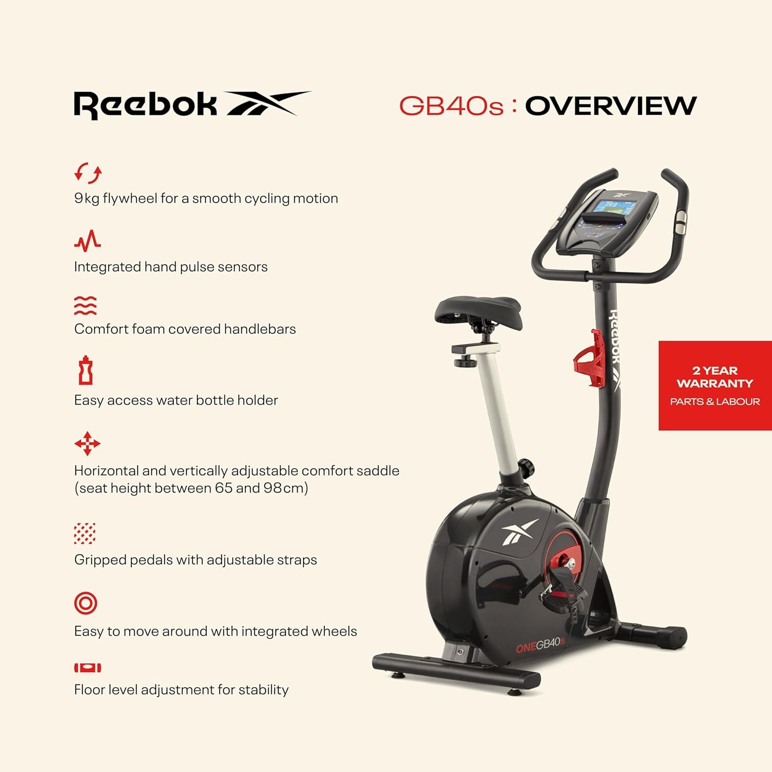 imageReebok Fitness Stationary Bike Bluetooth Compatible Indoor Cycling Bike 24 Resistance Levels 12 Workouts Upright Exercise Bike with Gel Pad SaddleBlack