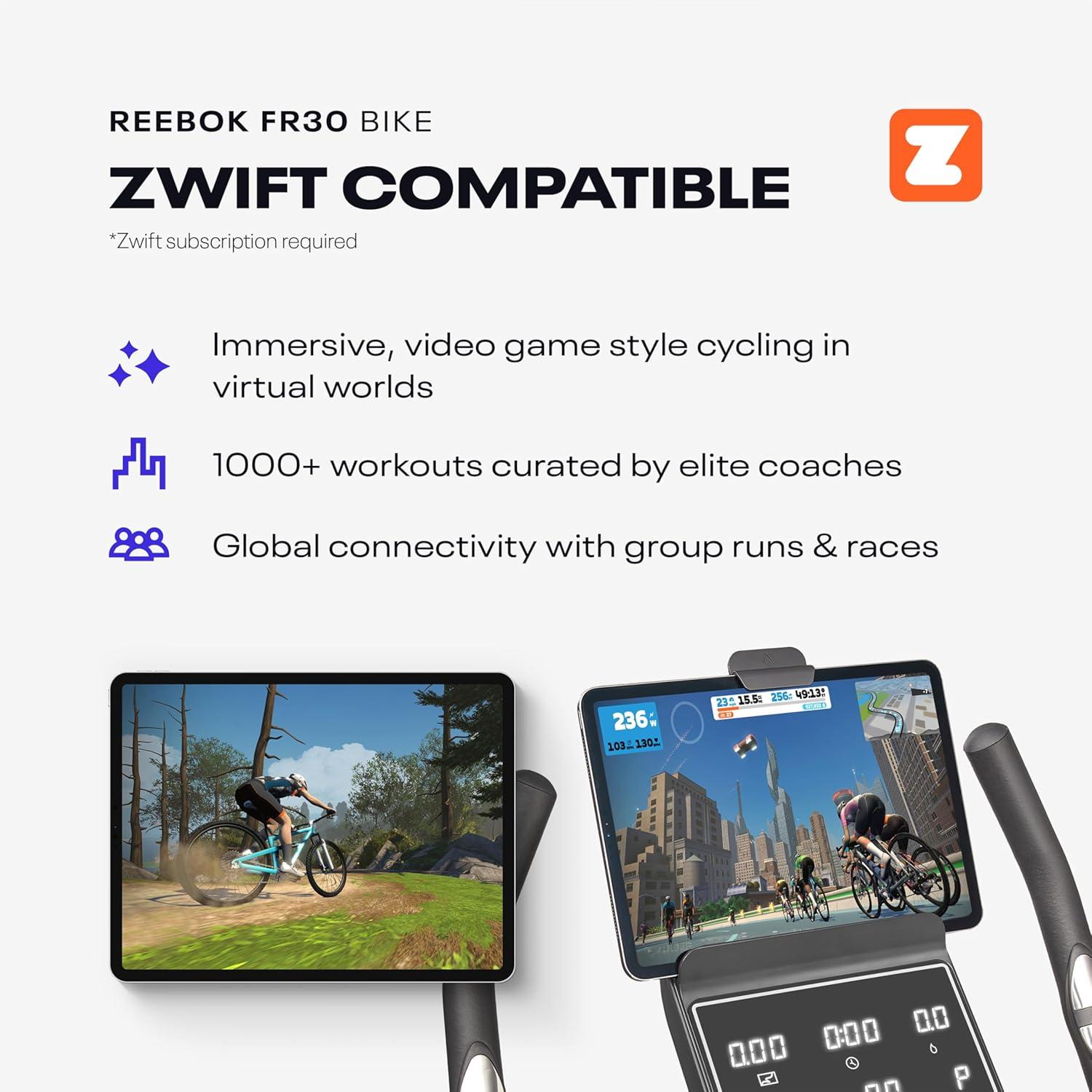 imageReebok Fitness Stationary Bike Bluetooth Compatible Indoor Cycling Bike 24 Resistance Levels 12 Workouts Upright Exercise Bike with Gel Pad SaddleBlackFR30