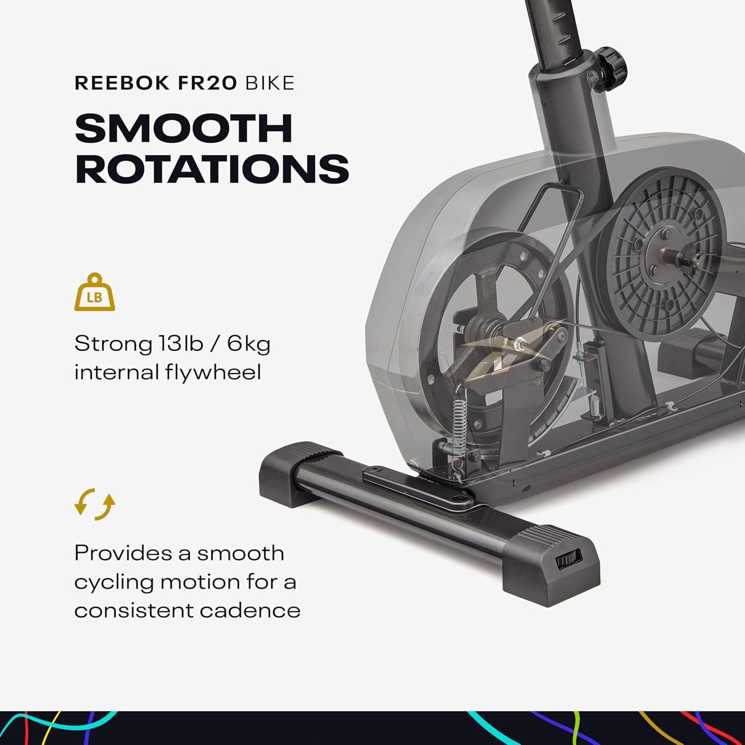 imageReebok Fitness Stationary Bike Bluetooth Compatible Indoor Cycling Bike 24 Resistance Levels 12 Workouts Upright Exercise Bike with Gel Pad SaddleBlackFR20