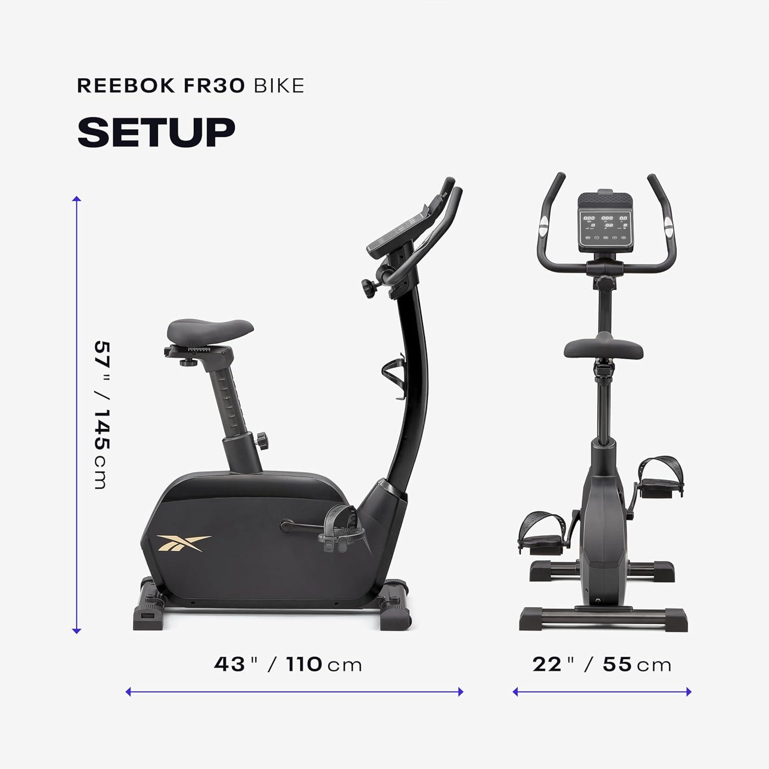 imageReebok Fitness Stationary Bike Bluetooth Compatible Indoor Cycling Bike 24 Resistance Levels 12 Workouts Upright Exercise Bike with Gel Pad SaddleBlackFR30