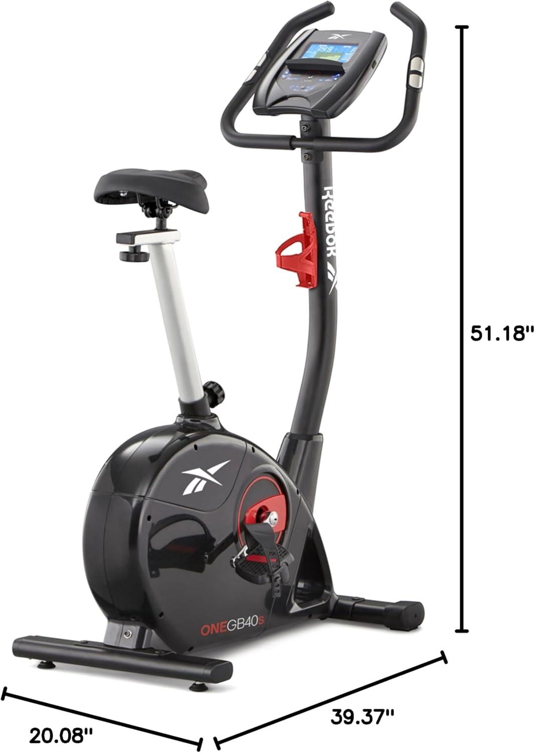 imageReebok Fitness Stationary Bike Bluetooth Compatible Indoor Cycling Bike 24 Resistance Levels 12 Workouts Upright Exercise Bike with Gel Pad SaddleBlack