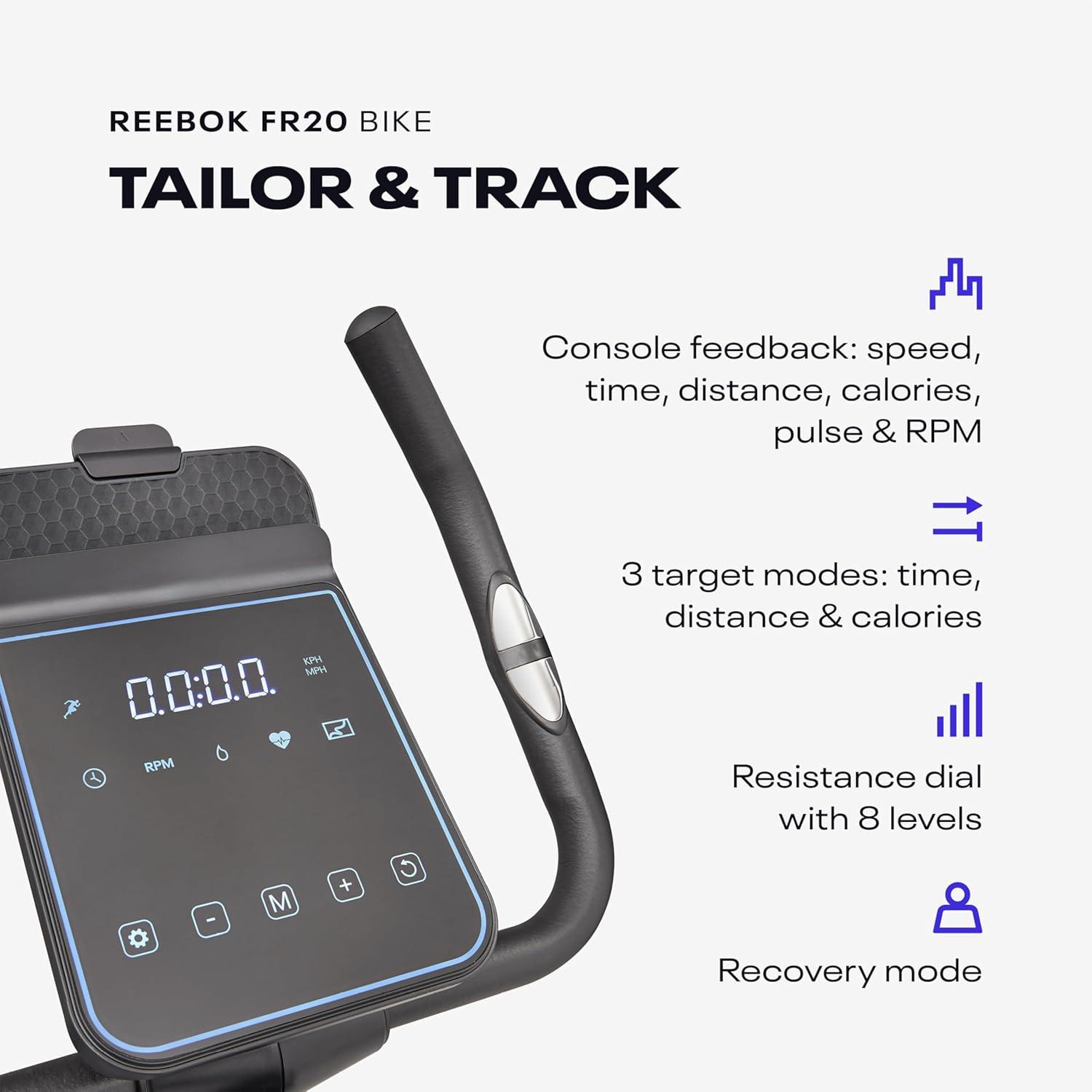 imageReebok Fitness Stationary Bike Bluetooth Compatible Indoor Cycling Bike 24 Resistance Levels 12 Workouts Upright Exercise Bike with Gel Pad SaddleBlackFR20