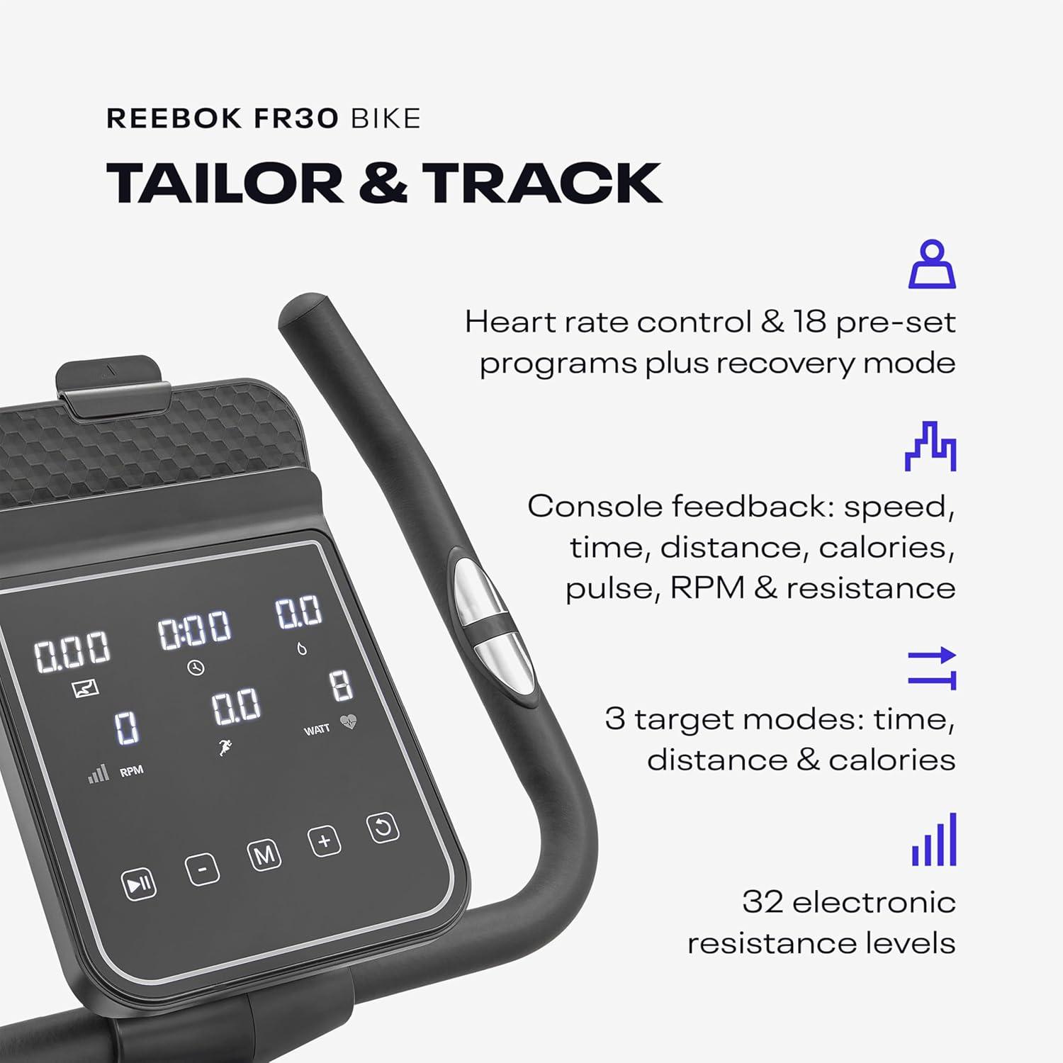 imageReebok Fitness Stationary Bike Bluetooth Compatible Indoor Cycling Bike 24 Resistance Levels 12 Workouts Upright Exercise Bike with Gel Pad SaddleBlue