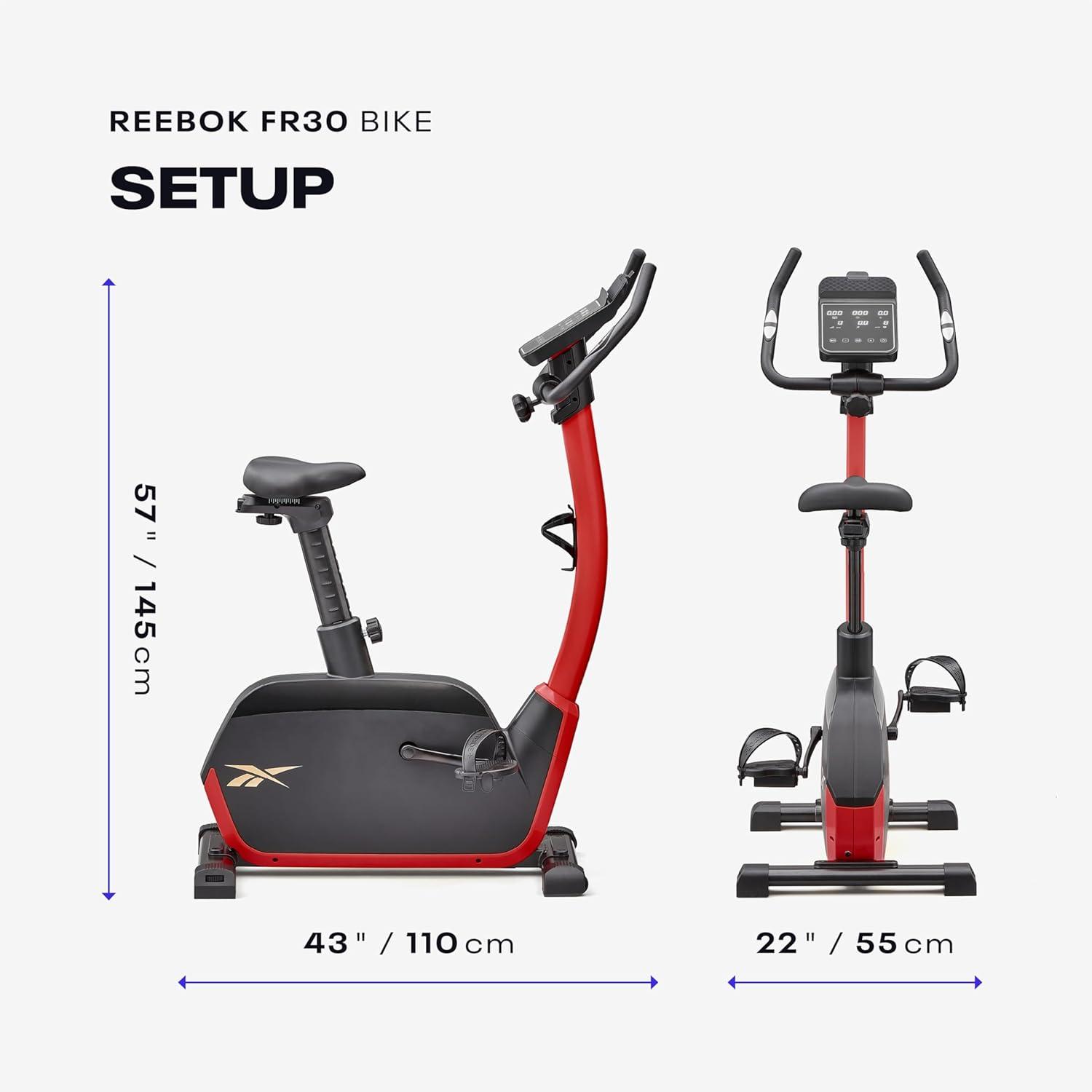imageReebok Fitness Stationary Bike Bluetooth Compatible Indoor Cycling Bike 24 Resistance Levels 12 Workouts Upright Exercise Bike with Gel Pad SaddleRed