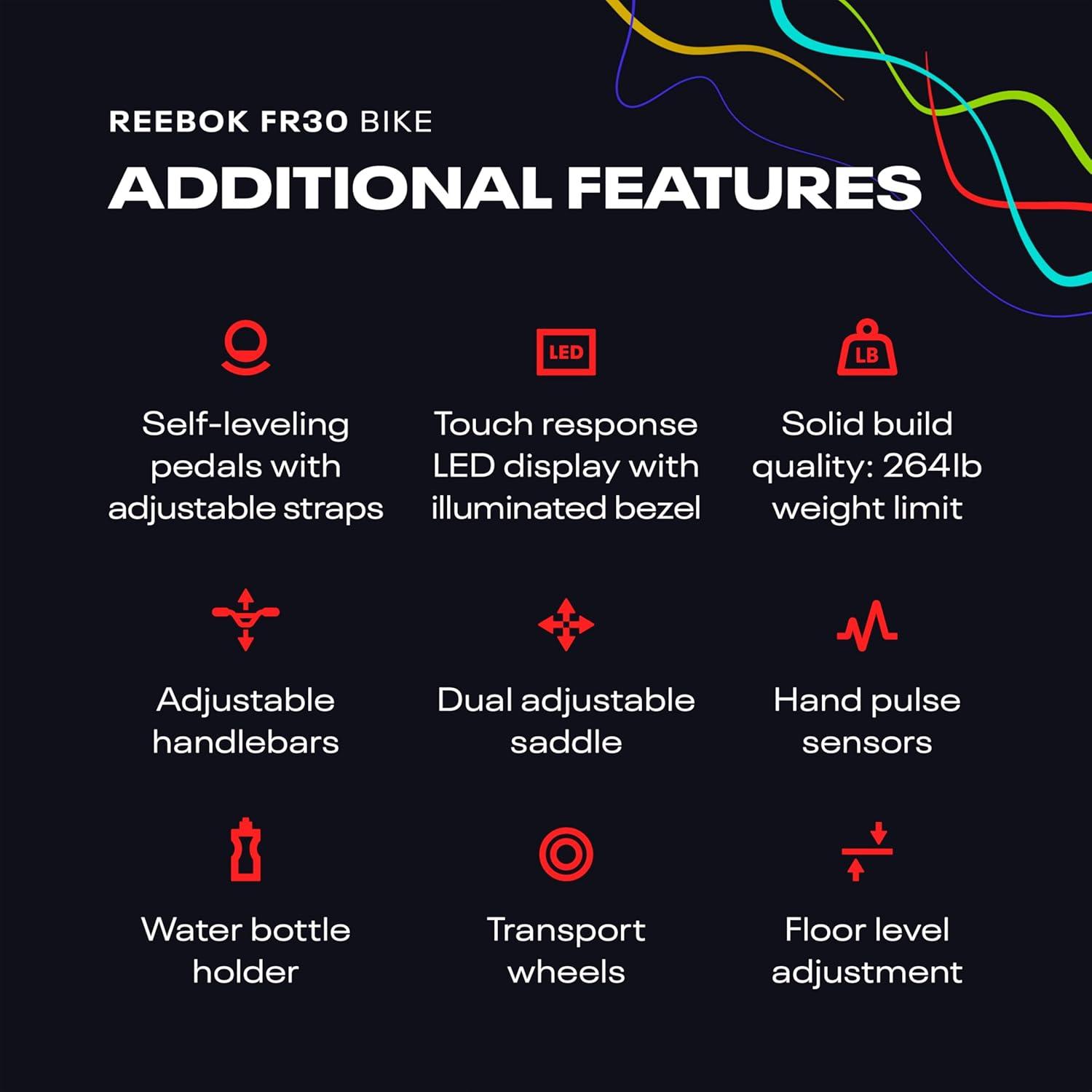 imageReebok Fitness Stationary Bike Bluetooth Compatible Indoor Cycling Bike 24 Resistance Levels 12 Workouts Upright Exercise Bike with Gel Pad SaddleRed
