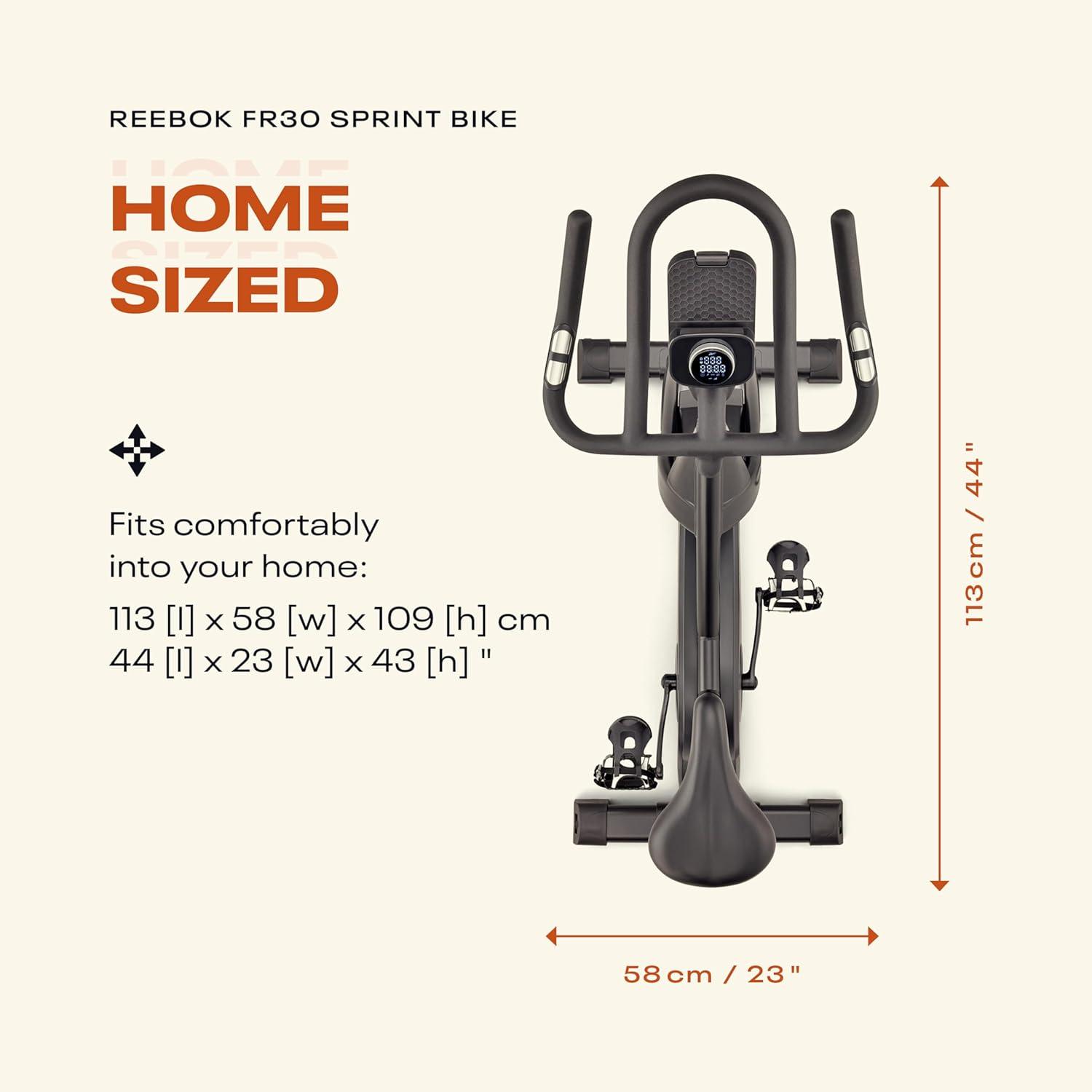 imageReebok Fitness Stationary Bike Bluetooth Compatible Indoor Cycling Bike 24 Resistance Levels 12 Workouts Upright Exercise Bike with Gel Pad SaddleReebok FR30 Sprint Bike