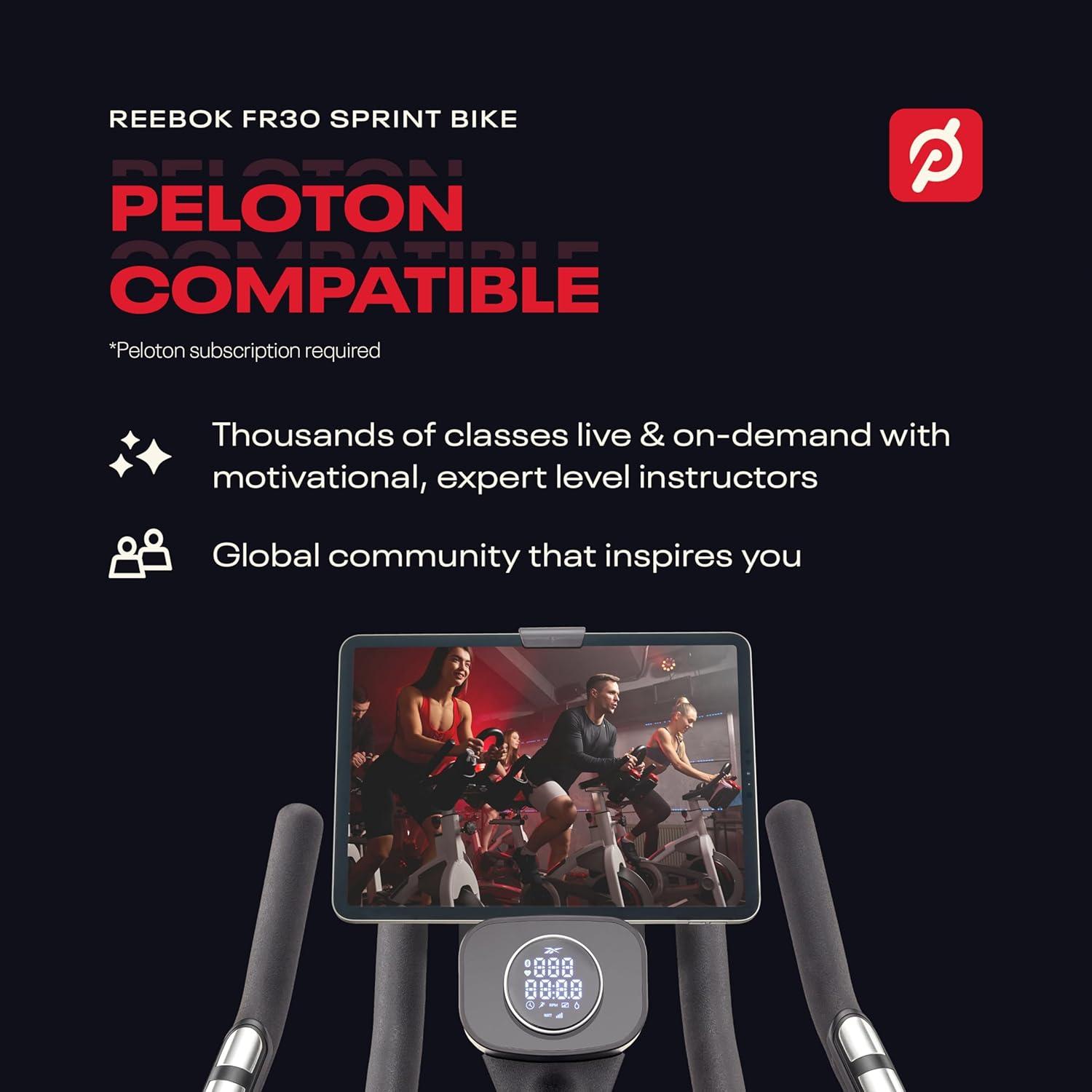 imageReebok Fitness Stationary Bike Bluetooth Compatible Indoor Cycling Bike 24 Resistance Levels 12 Workouts Upright Exercise Bike with Gel Pad SaddleReebok FR30 Sprint Bike
