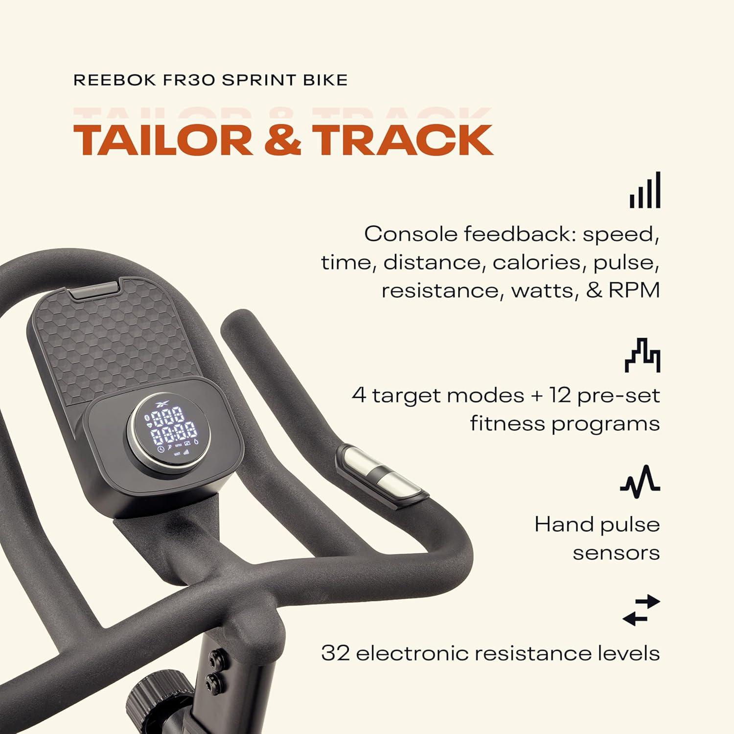 imageReebok Fitness Stationary Bike Bluetooth Compatible Indoor Cycling Bike 24 Resistance Levels 12 Workouts Upright Exercise Bike with Gel Pad SaddleReebok FR30 Sprint Bike
