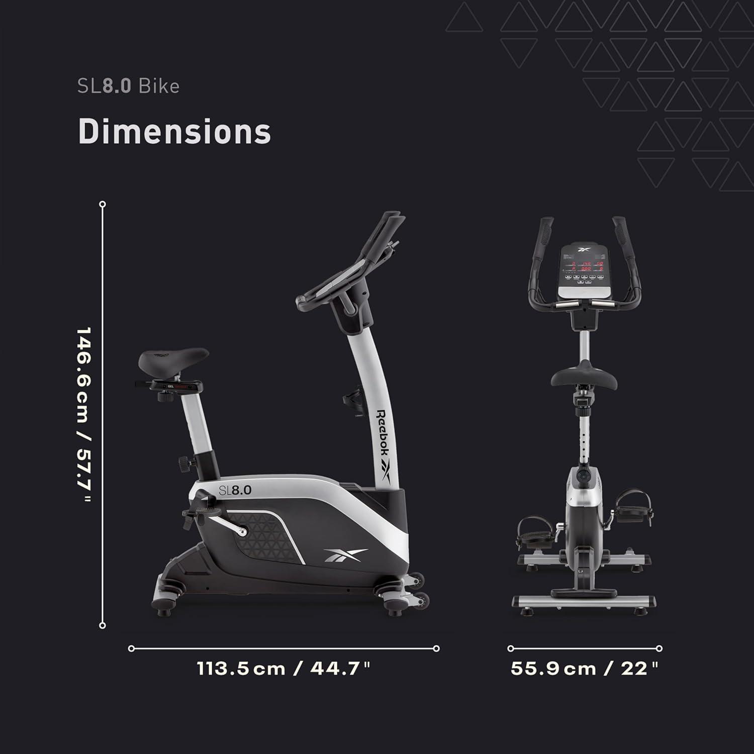 imageReebok Fitness Stationary Bike Bluetooth Compatible Indoor Cycling Bike 24 Resistance Levels 12 Workouts Upright Exercise Bike with Gel Pad SaddleSilver