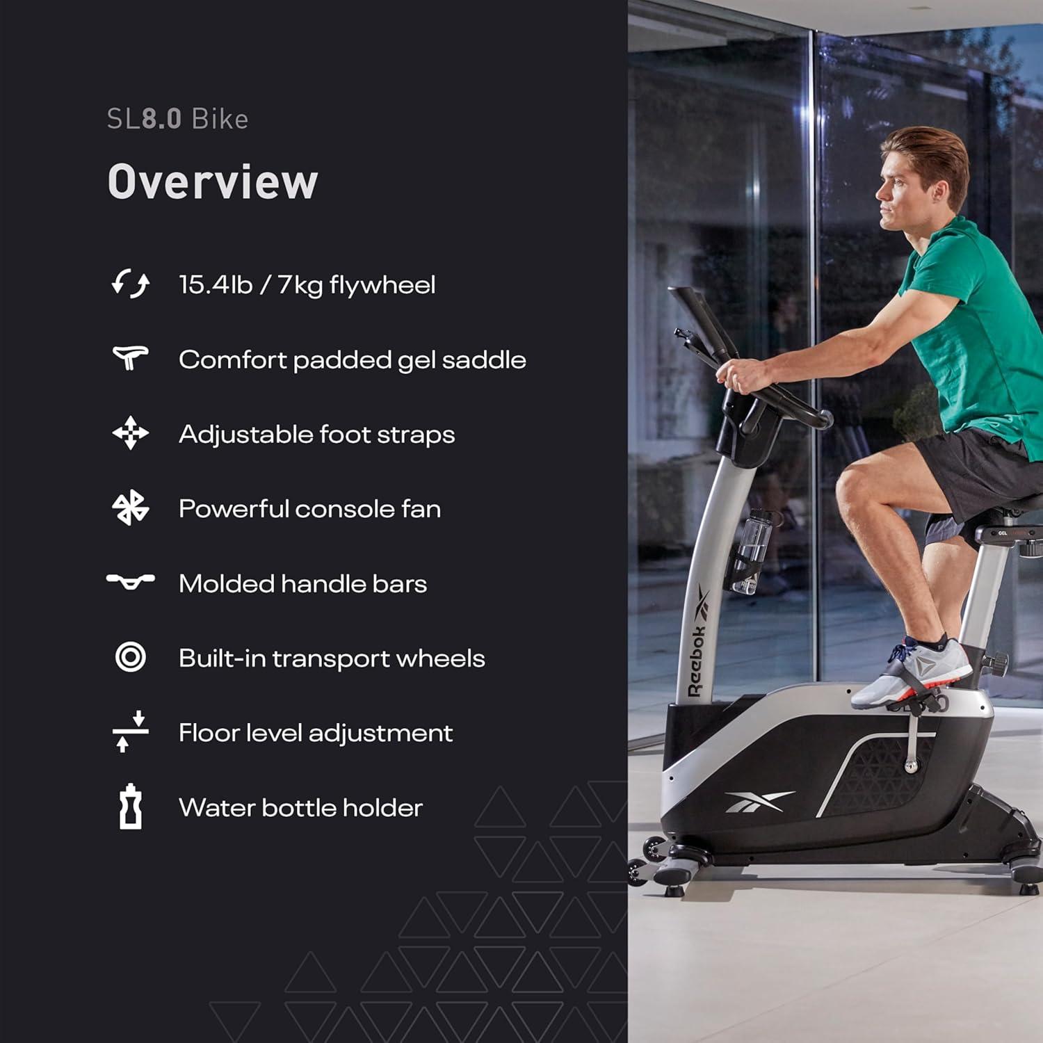 imageReebok Fitness Stationary Bike Bluetooth Compatible Indoor Cycling Bike 24 Resistance Levels 12 Workouts Upright Exercise Bike with Gel Pad SaddleSilver