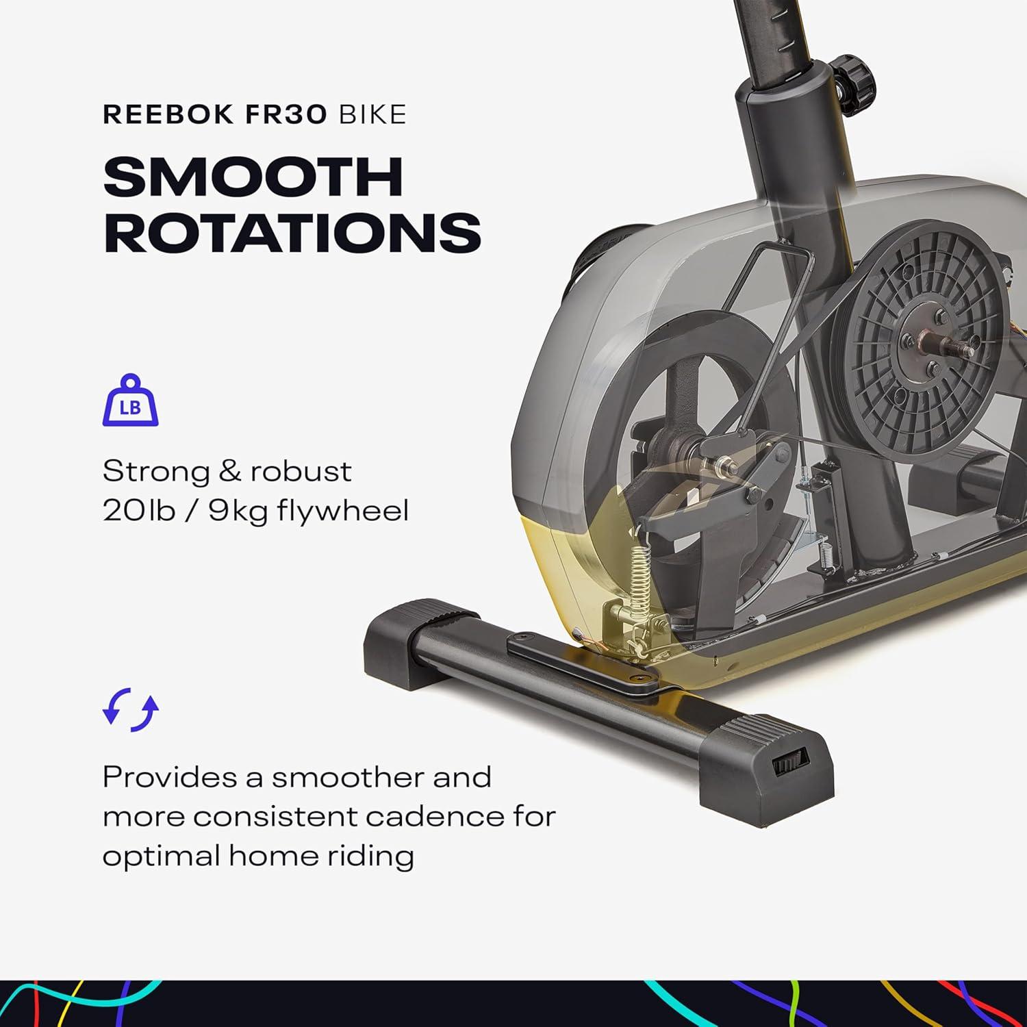 imageReebok Fitness Stationary Bike Bluetooth Compatible Indoor Cycling Bike 24 Resistance Levels 12 Workouts Upright Exercise Bike with Gel Pad SaddleYellow