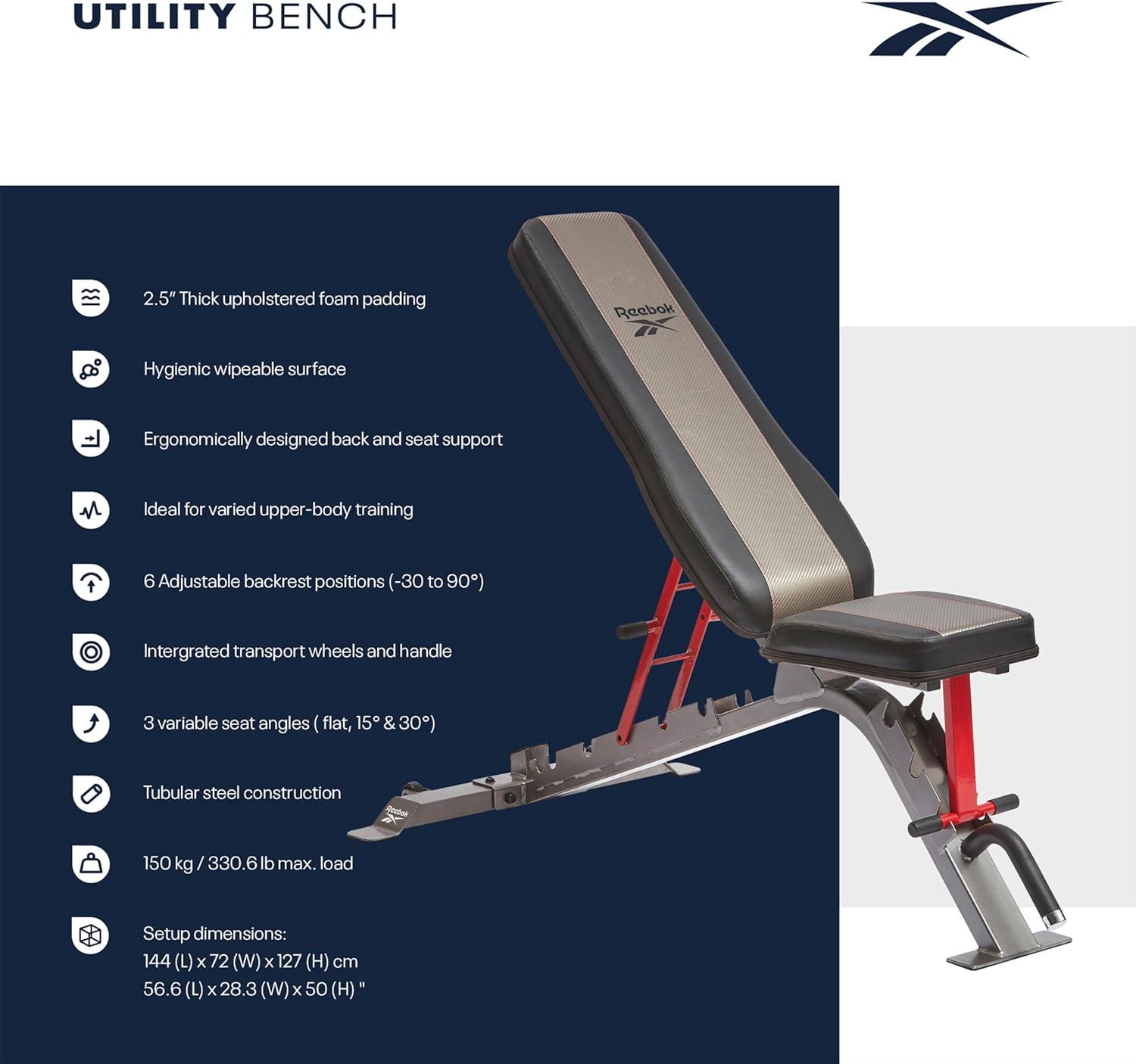 imageReebok Fitness Strength Training Bench with Wipeable Padding Nonslip Feet 330lb Weight Capacity Bench for Seated and Bridging ExercisesReebok Adjustable Incline Weight Bench