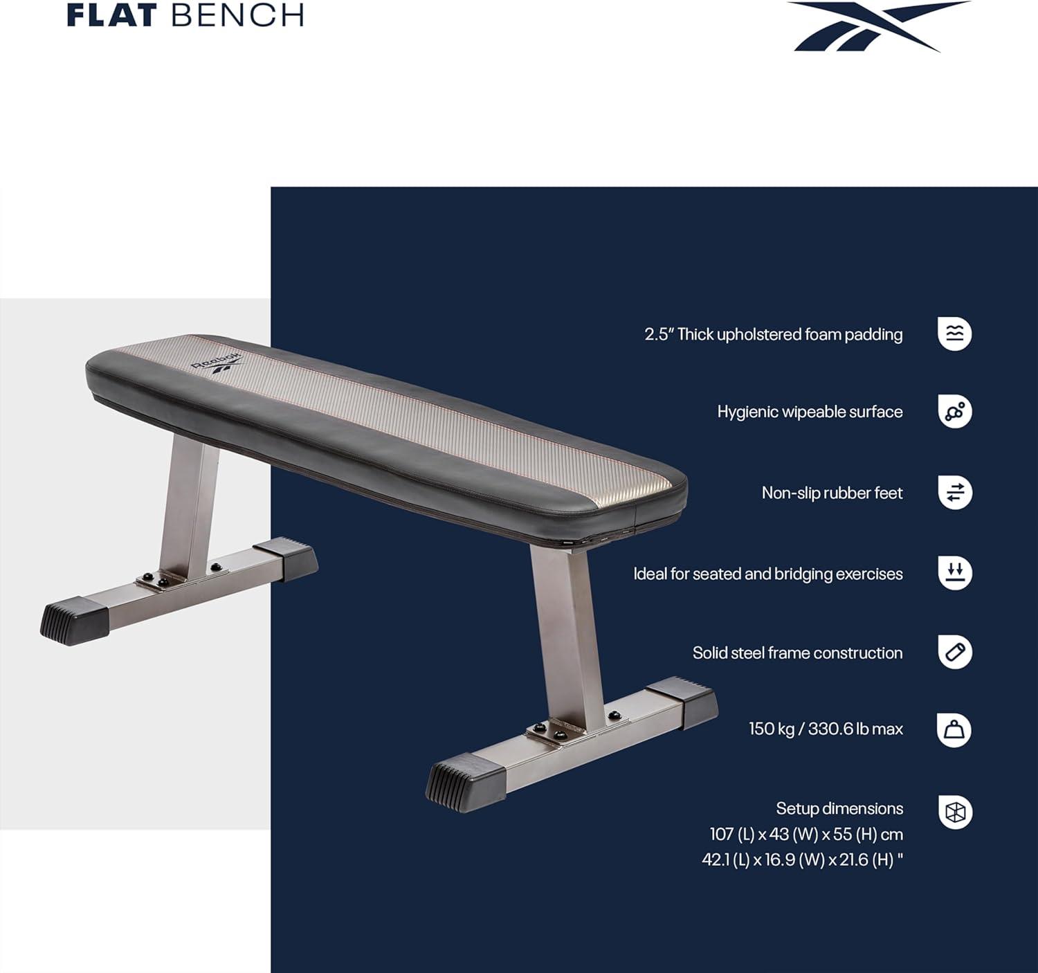 imageReebok Fitness Strength Training Bench with Wipeable Padding Nonslip Feet 330lb Weight Capacity Bench for Seated and Bridging ExercisesReebok Flat Weight Bench