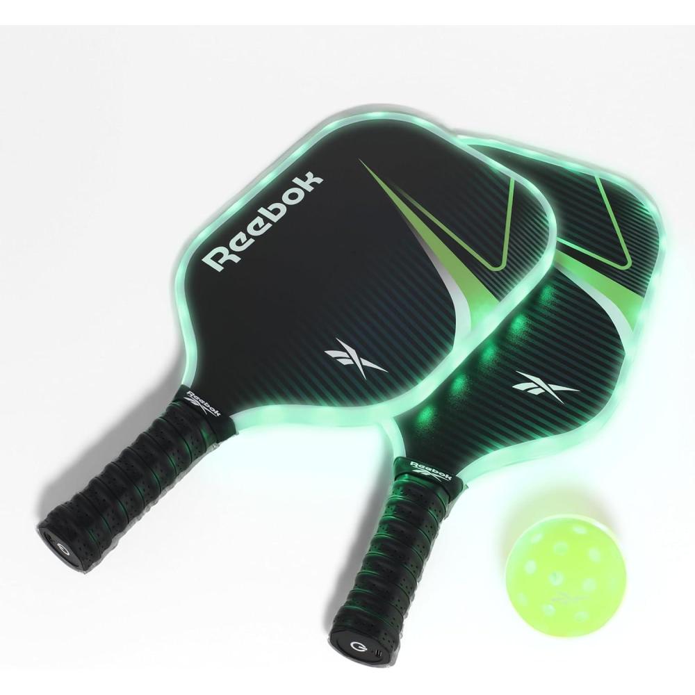 imageReebok  LED Pickleball Set for 2 Includes 2 Fiberglass Paddles with 5quot Cushion Grip and 2 LightUp Balls Perfect for Night Play RedGreen