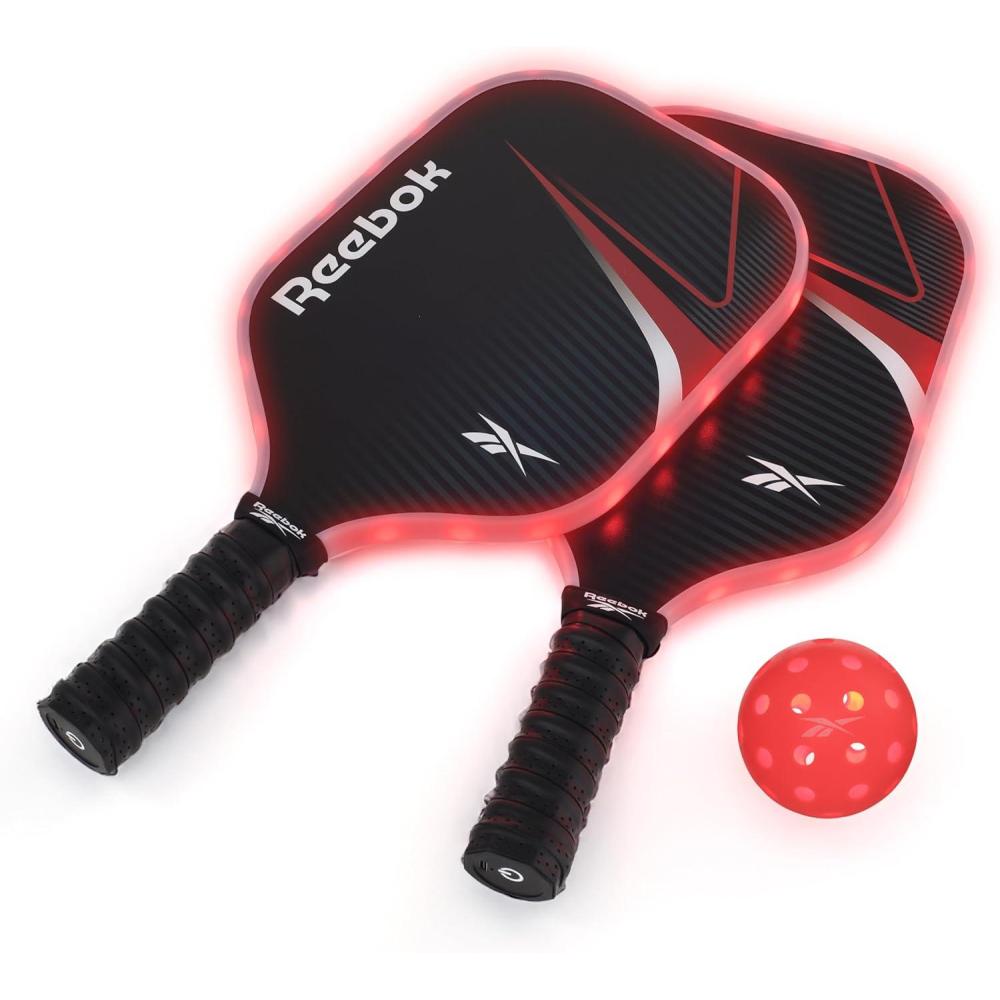 imageReebok  LED Pickleball Set for 2 Includes 2 Fiberglass Paddles with 5quot Cushion Grip and 2 LightUp Balls Perfect for Night Play RedRed