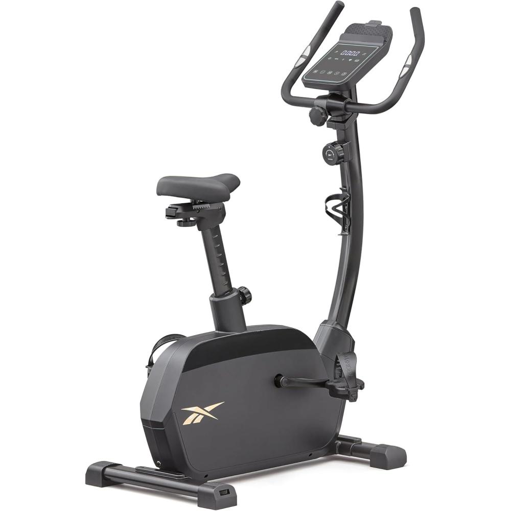 imageReebok Fitness Stationary Bike Bluetooth Compatible Indoor Cycling Bike 24 Resistance Levels 12 Workouts Upright Exercise Bike with Gel Pad SaddleBlackFR20