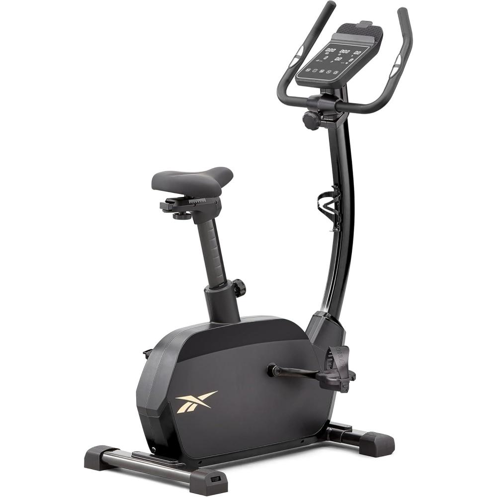 imageReebok Fitness Stationary Bike Bluetooth Compatible Indoor Cycling Bike 24 Resistance Levels 12 Workouts Upright Exercise Bike with Gel Pad SaddleBlackFR30