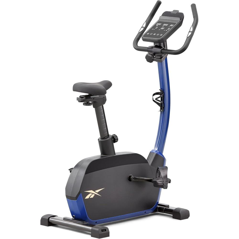 imageReebok Fitness Stationary Bike Bluetooth Compatible Indoor Cycling Bike 24 Resistance Levels 12 Workouts Upright Exercise Bike with Gel Pad SaddleBlue