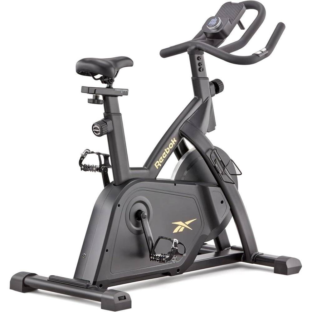 imageReebok Fitness Stationary Bike Bluetooth Compatible Indoor Cycling Bike 24 Resistance Levels 12 Workouts Upright Exercise Bike with Gel Pad SaddleReebok FR30 Sprint Bike