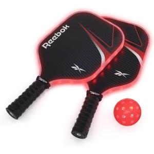 imageReebok  LED Pickleball Set for 2 Includes 2 Fiberglass Paddles with 5quot Cushion Grip and 2 LightUp Balls Perfect for Night Play RedRed