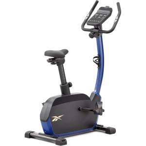 imageReebok Fitness Stationary Bike Bluetooth Compatible Indoor Cycling Bike 24 Resistance Levels 12 Workouts Upright Exercise Bike with Gel Pad SaddleBlue