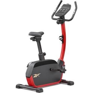 imageReebok Fitness Stationary Bike Bluetooth Compatible Indoor Cycling Bike 24 Resistance Levels 12 Workouts Upright Exercise Bike with Gel Pad SaddleRed