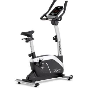 imageReebok Fitness Stationary Bike Bluetooth Compatible Indoor Cycling Bike 24 Resistance Levels 12 Workouts Upright Exercise Bike with Gel Pad SaddleSilver