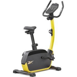 imageReebok Fitness Stationary Bike Bluetooth Compatible Indoor Cycling Bike 24 Resistance Levels 12 Workouts Upright Exercise Bike with Gel Pad SaddleYellow