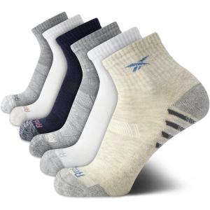 imageReebok Womens Quarter Socks  6 Pack Stretch Performance Arch Support Socks  Soft Cushioned Athletic Socks for Women 410Navy Assorted