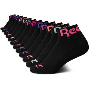 imageReebok Girls Quarter Socks  12 Pack Stretch Performance Quarter Cut Arch Support Socks  Cushioned Athletic Socks for GirlsBlack Logo