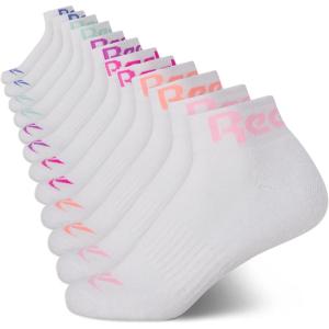 imageReebok Girls Quarter Socks  12 Pack Stretch Performance Quarter Cut Arch Support Socks  Cushioned Athletic Socks for GirlsWhite Logo