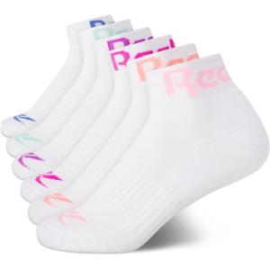 imageReebok Girls Quarter Socks  6 Pack MoistureWicking Low Cut Athletic Ankle Socks for Girls Sizes SLWhite Logo