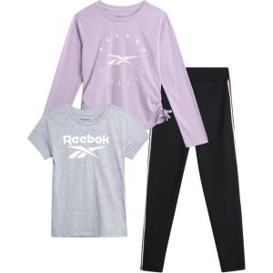 imageReebok Active Girls Leggings Set  3 Piece Athletic Crew Neck Short Sleeve TShirts Sweatshirt and Legging Pants for GirlsBlackPurpleGrey