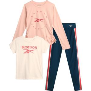 imageReebok Active Girls Leggings Set  3 Piece Athletic Crew Neck Short Sleeve TShirts Sweatshirt and Legging Pants for GirlsBluePeachWhite