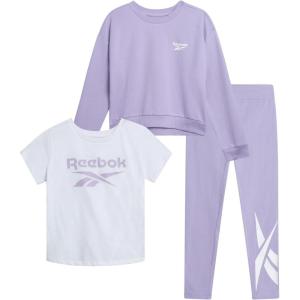 imageReebok Active Girls Leggings Set  3 Piece Athletic Crew Neck Short Sleeve TShirts Sweatshirt and Legging Pants for GirlsLavender