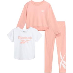 imageReebok Active Girls Leggings Set  3 Piece Athletic Crew Neck Short Sleeve TShirts Sweatshirt and Legging Pants for GirlsPeach