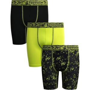 imageReebok Boys Boxer Briefs  3 Pack Athletic Performance Stretch Long Leg Underwear Boxers for Boys with Support Pouch 618Black PrintBlackNeon Yellow