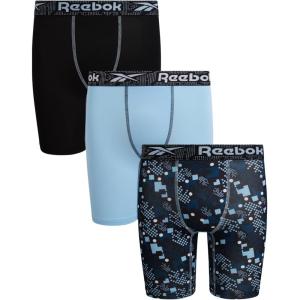 imageReebok Boys Boxer Briefs  3 Pack Athletic Performance Stretch Long Leg Underwear Boxers for Boys with Support Pouch 618Black PrintClear SkyBlack