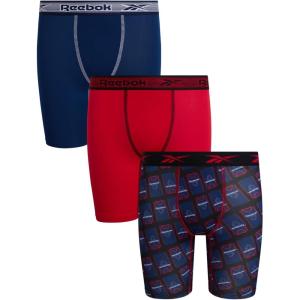 imageReebok Boys Boxer Briefs  3 Pack Athletic Performance Stretch Long Leg Underwear Boxers for Boys with Support Pouch 618Blue DepthsChinese RedBlack Print