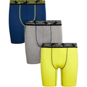 imageReebok Boys Boxer Briefs  3 Pack Athletic Performance Stretch Long Leg Underwear Boxers for Boys with Support Pouch 618Light GreyYellowNavy