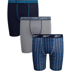 imageReebok Boys Boxer Briefs  3 Pack Athletic Performance Stretch Long Leg Underwear Boxers for Boys with Support Pouch 618Maritime BlueStone GreyAtomic Blue Print