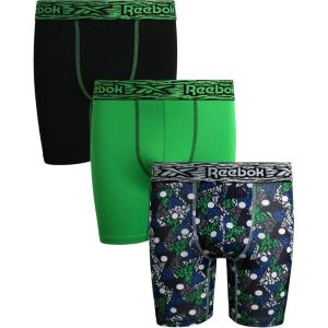 imageReebok Boys Boxer Briefs  3 Pack Performance Stretch Athletic Long Leg Underwear Boxers for Boys with Support Pouch 618Black PrintBlackGreen