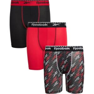 imageReebok Boys Boxer Briefs  3 Pack Performance Stretch Athletic Long Leg Underwear Boxers for Boys with Support Pouch 618BlackRed PrintRedBlack