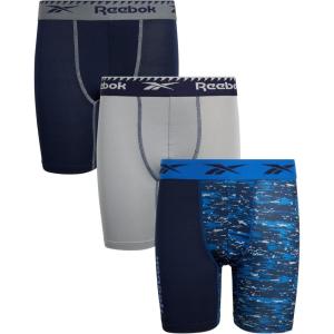 imageReebok Boys Boxer Briefs  3 Pack Performance Stretch Athletic Long Leg Underwear Boxers for Boys with Support Pouch 618Blue PrintGreyNavy