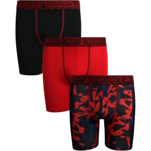 imageReebok Boys Boxer Briefs  3 Pack Performance Stretch Athletic Long Leg Underwear Boxers for Boys with Support Pouch 618Red PrintBlackRed