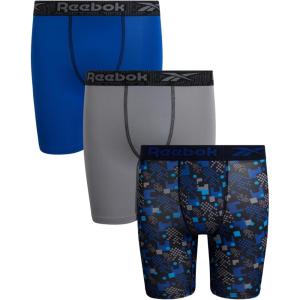 imageReebok Boys Boxer Briefs  3 Pack Performance Stretch Athletic Long Leg Underwear Boxers for Boys with Support Pouch 618Stone GreySurf the WebBlack Print